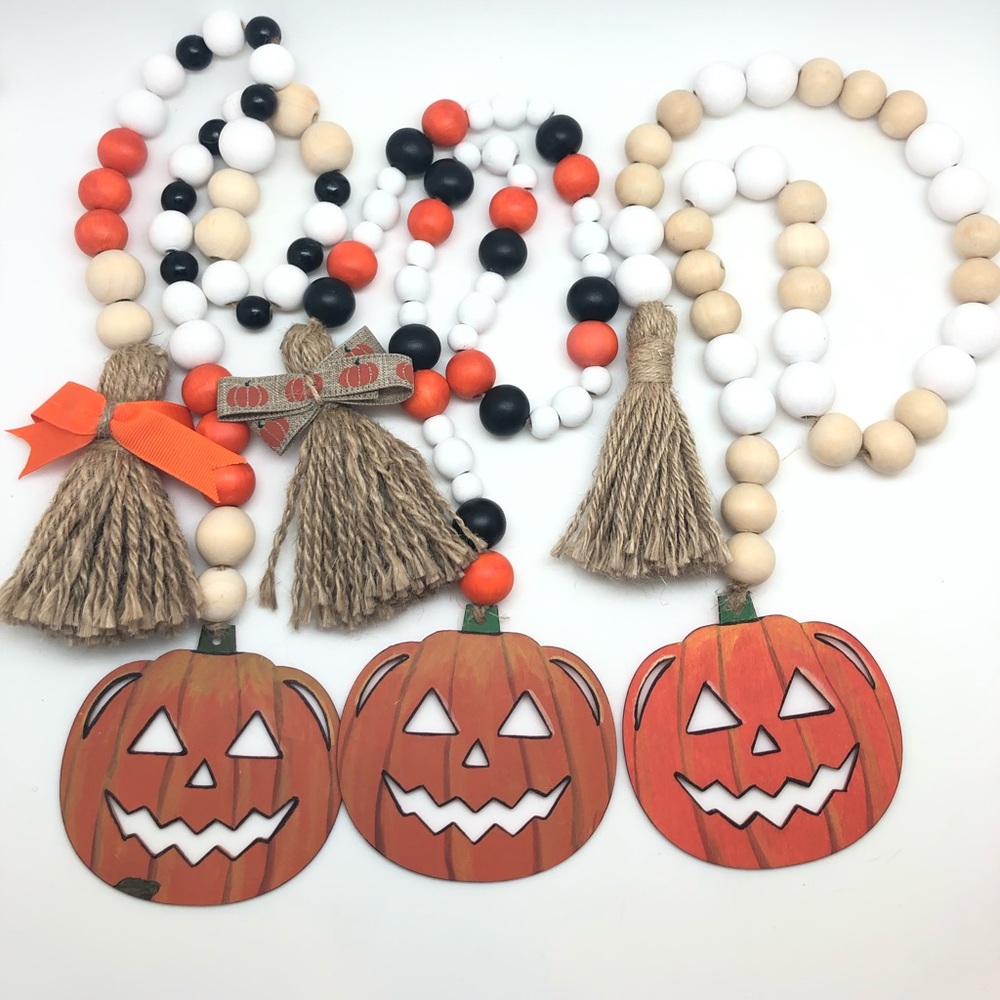 Halloween/Fall Pumpkin Prayer Bead Garland Decor Hand Painted w/Jute Tassel